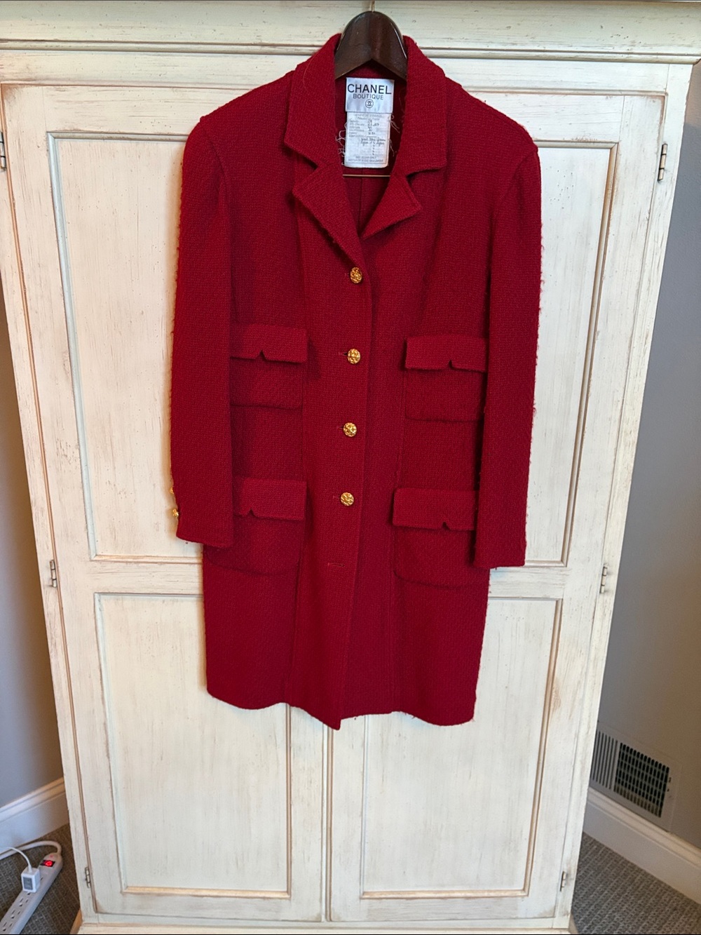 CHANEL 1980s Red Bouclé Coat Dress with Gold Buttons